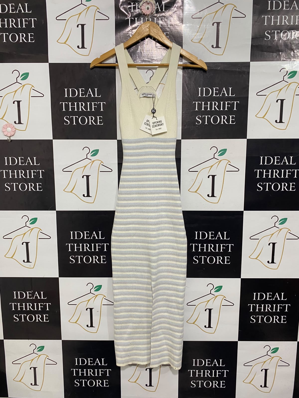 OPENING CEREMONY  |S | BUST 10 |A72|  OFF-WHITE & GREY STRIPED KNIT TANK MIDI DRESS