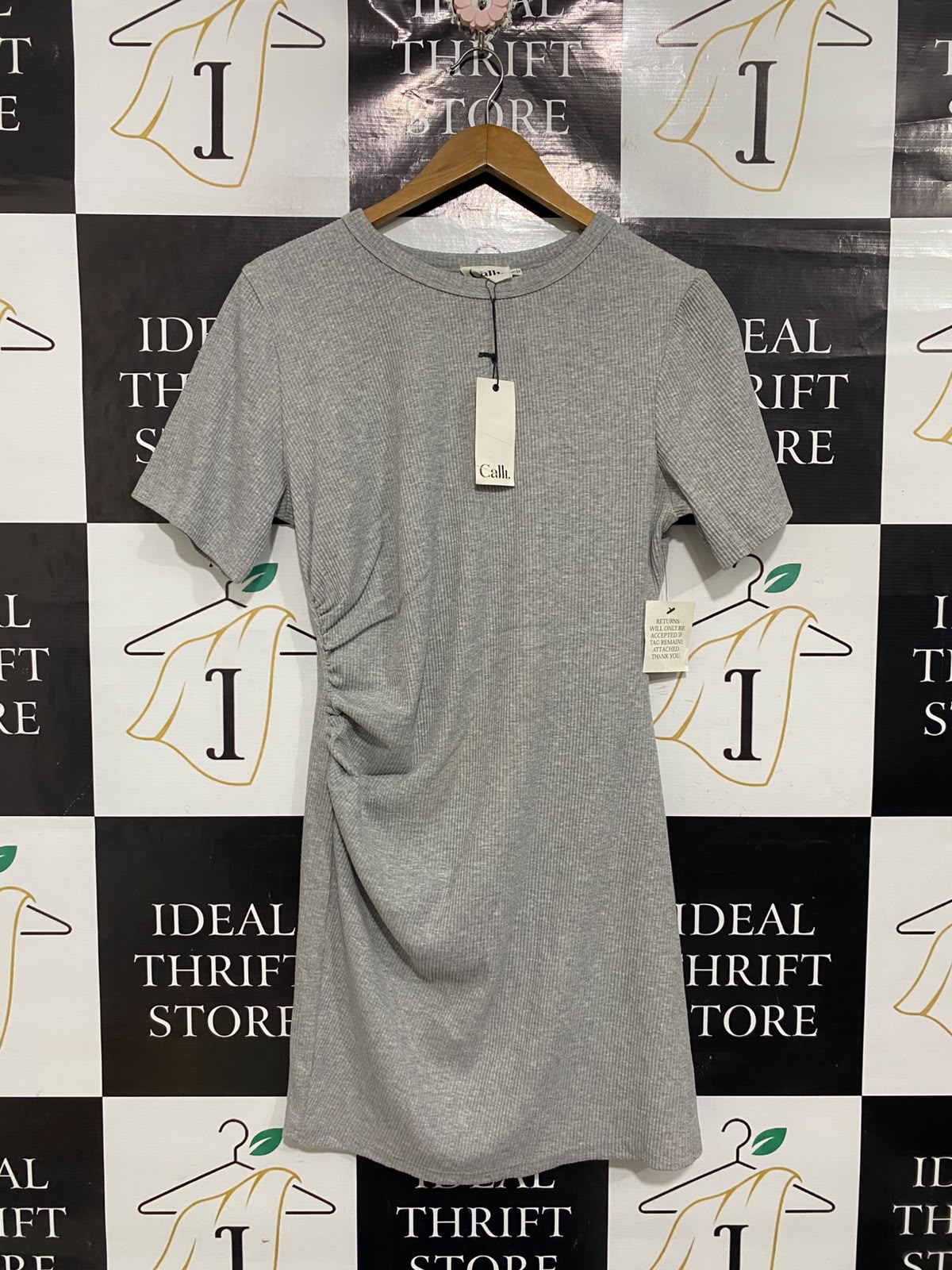 CALLI  |L | BUST 19 |A72|  GREY RIBBED SHORT-SLEEVE RUCHED MINI DRESS