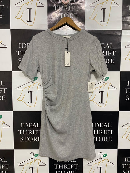 CALLI  |L | BUST 19 |A72|  GREY RIBBED SHORT-SLEEVE RUCHED MINI DRESS