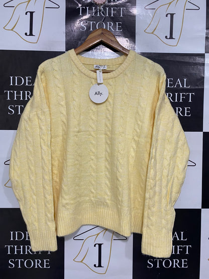 ALLY |S | BUST 24  |A72|   PASTEL YELLOW CABLE KNIT CREWNECK SWEATER