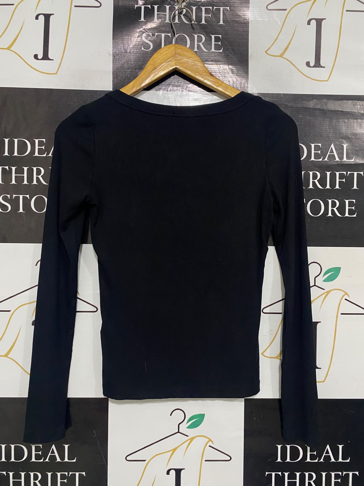 COTTON:ON  |M | BUST 16 |A72|  BLACK RIBBED SCOOP-NECK LONG-SLEEVE TOP