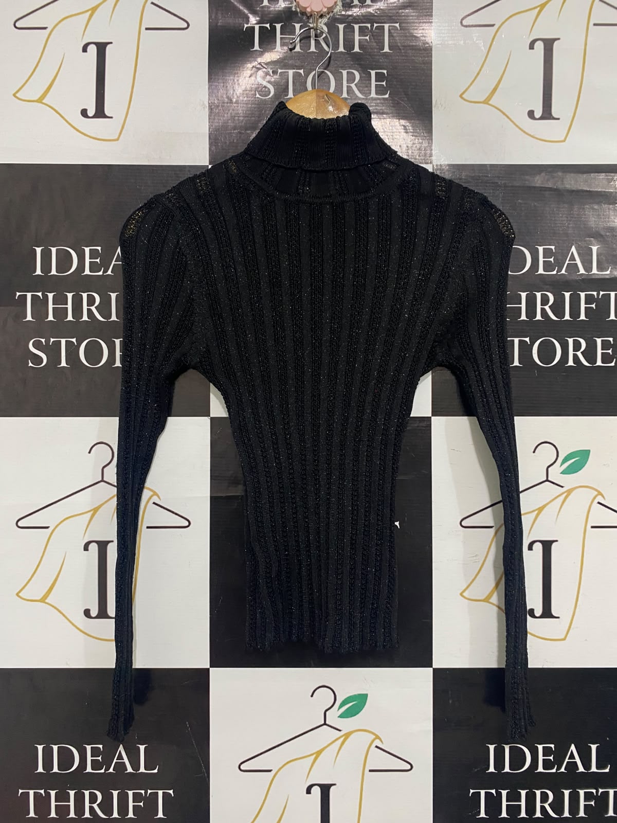 GOODLOOK |XS | BUST 12 |A72|   BLACK SHIMMER RIBBED TURTLENECK TOP