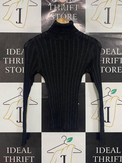 GOODLOOK |XS | BUST 12 |A72|   BLACK SHIMMER RIBBED TURTLENECK TOP