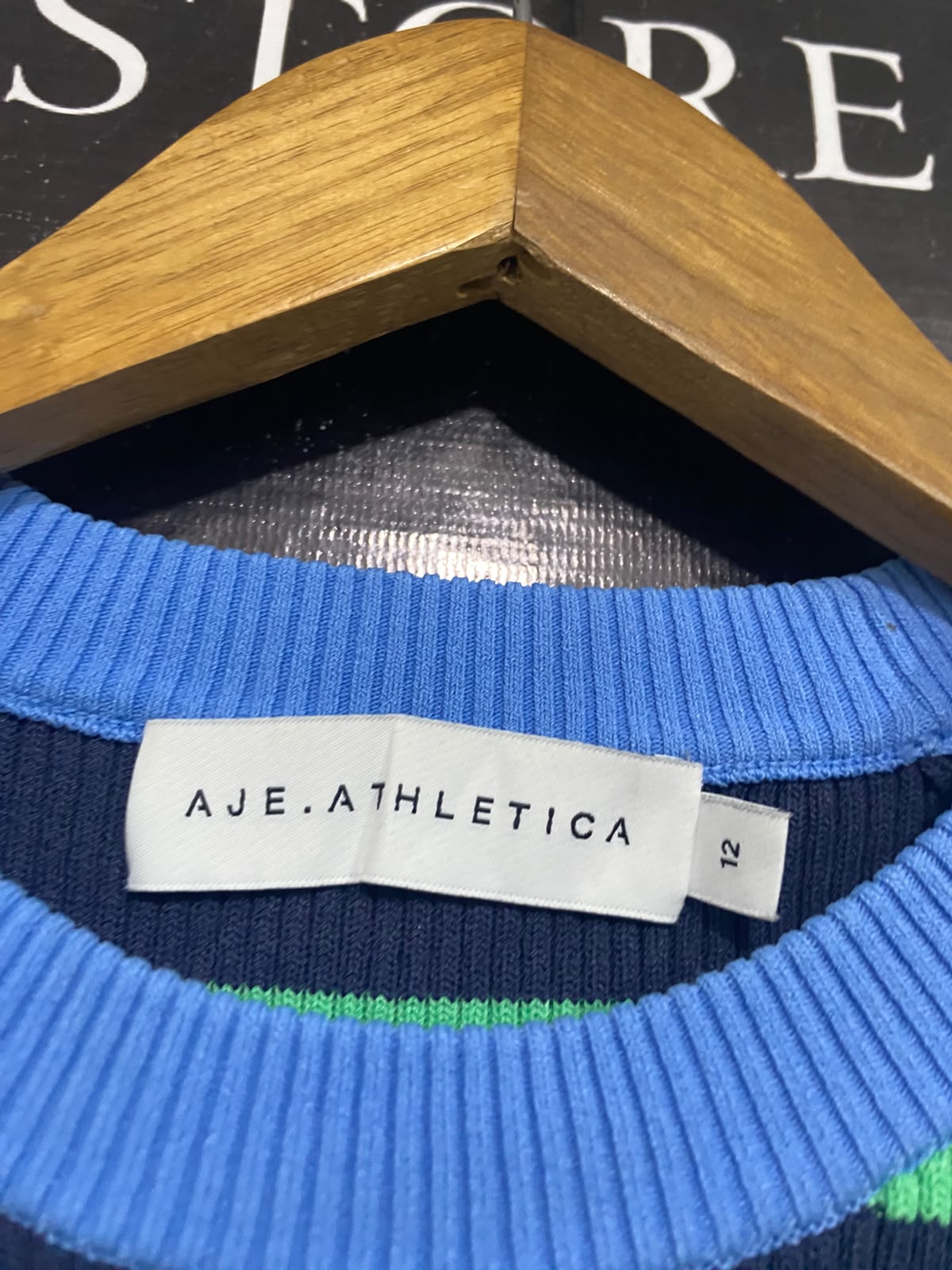 AJE ATHLETICA  |S | BUST 14 |A72|  BLUE & GREEN STRIPED RIBBED KNIT SWEATER