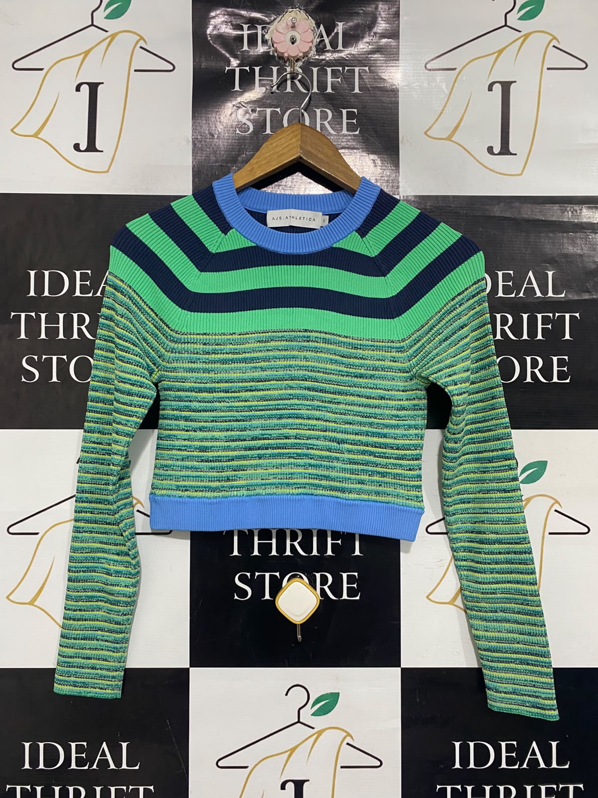 AJE ATHLETICA  |S | BUST 14 |A72|  BLUE & GREEN STRIPED RIBBED KNIT SWEATER