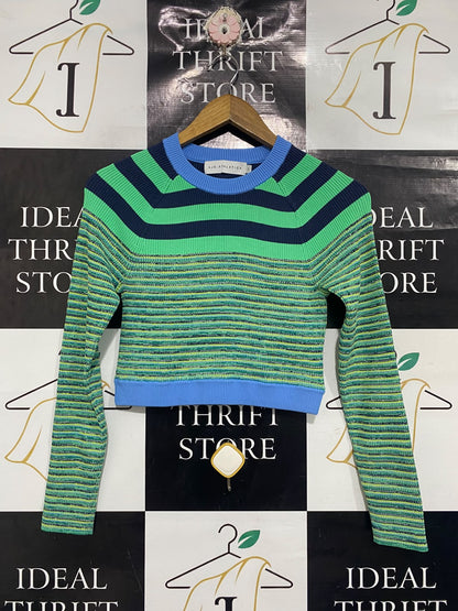 AJE ATHLETICA  |S | BUST 14 |A72|  BLUE & GREEN STRIPED RIBBED KNIT SWEATER