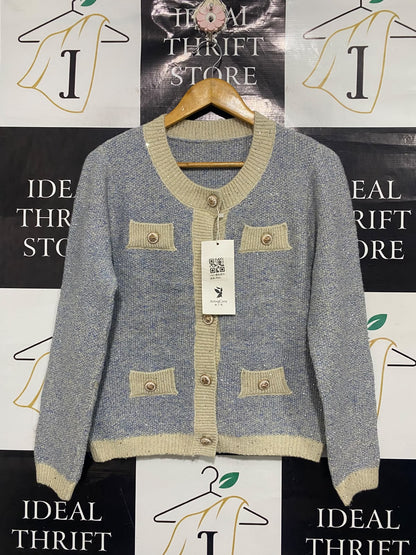 ACTING CONY |M | BUST 20 |A71 |  BLUE & BEIGE SEQUIN TWEED-STYLE KNIT CARDIGAN