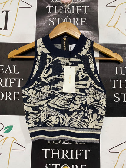 SHEIKE |S| BUST 13 | A71 |  NAVY & CREAM FLORAL JACQUARD KNIT CROP TOP