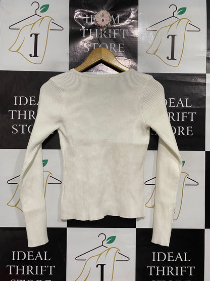 VALLEYGIRL |M | BUST 14 | A71 |   OFF-WHITE LACE-UP FRONT RIBBED LONG-SLEEVE TOP