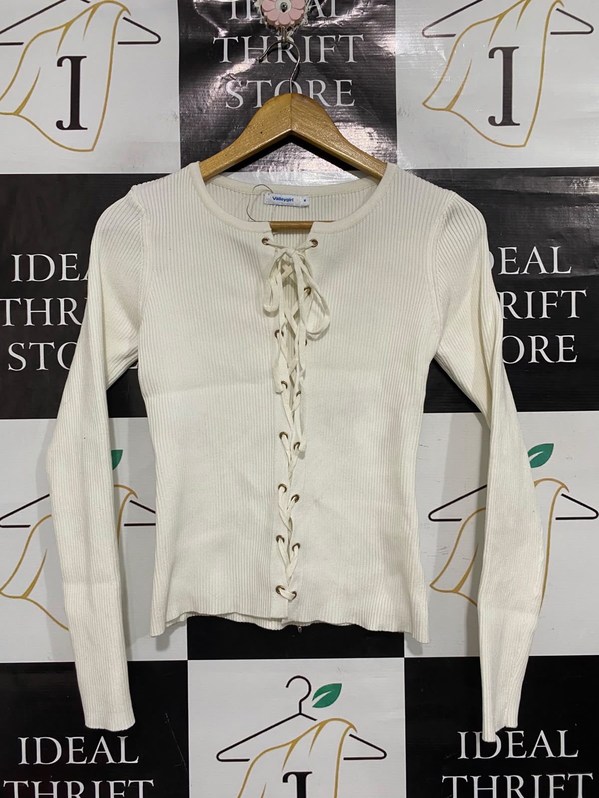 VALLEYGIRL |M | BUST 14 | A71 |   OFF-WHITE LACE-UP FRONT RIBBED LONG-SLEEVE TOP