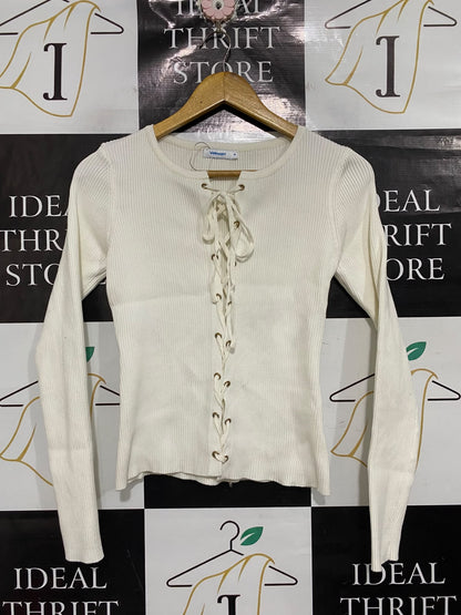 VALLEYGIRL |M | BUST 14 | A71 |   OFF-WHITE LACE-UP FRONT RIBBED LONG-SLEEVE TOP