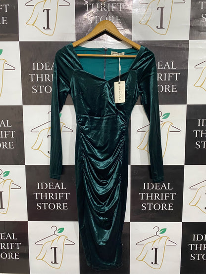 FRESH SOUL |S| BUST 14 | A71 |   EMERALD GREEN VELVET RUCHED LONG-SLEEVE DRESS