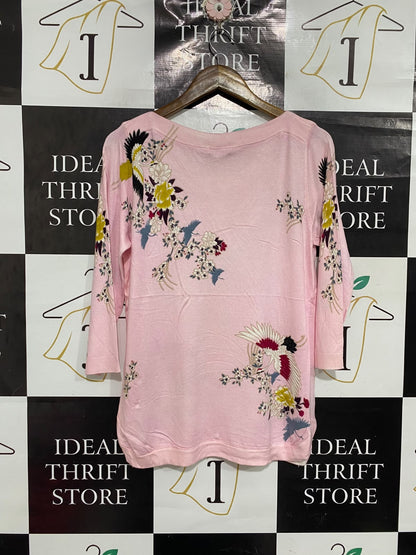 W.LANE | M| BUST 19 | A71 |  PINK FLORAL & BIRD EMBROIDERED LONG-SLEEVE KNIT TOP