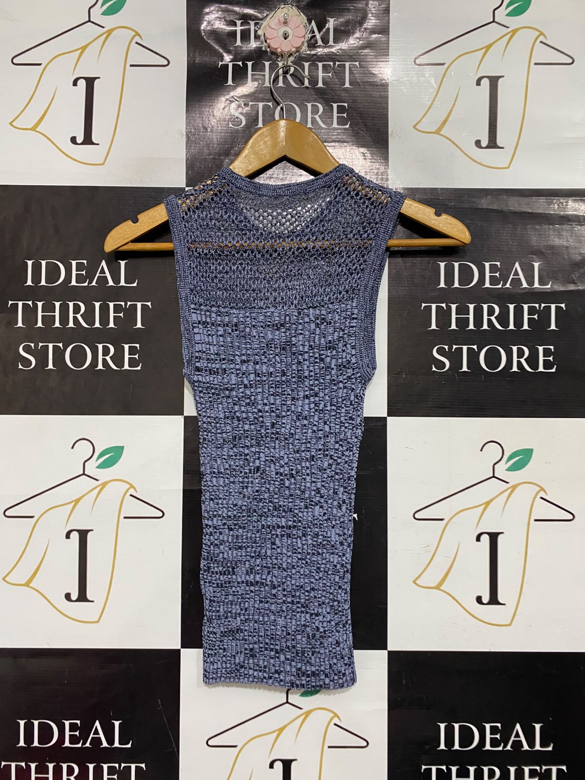 |XS | BUST 11 | A71 |  BLUE MELANGE OPEN-KNIT MESH YOKE SLEEVELESS TOP