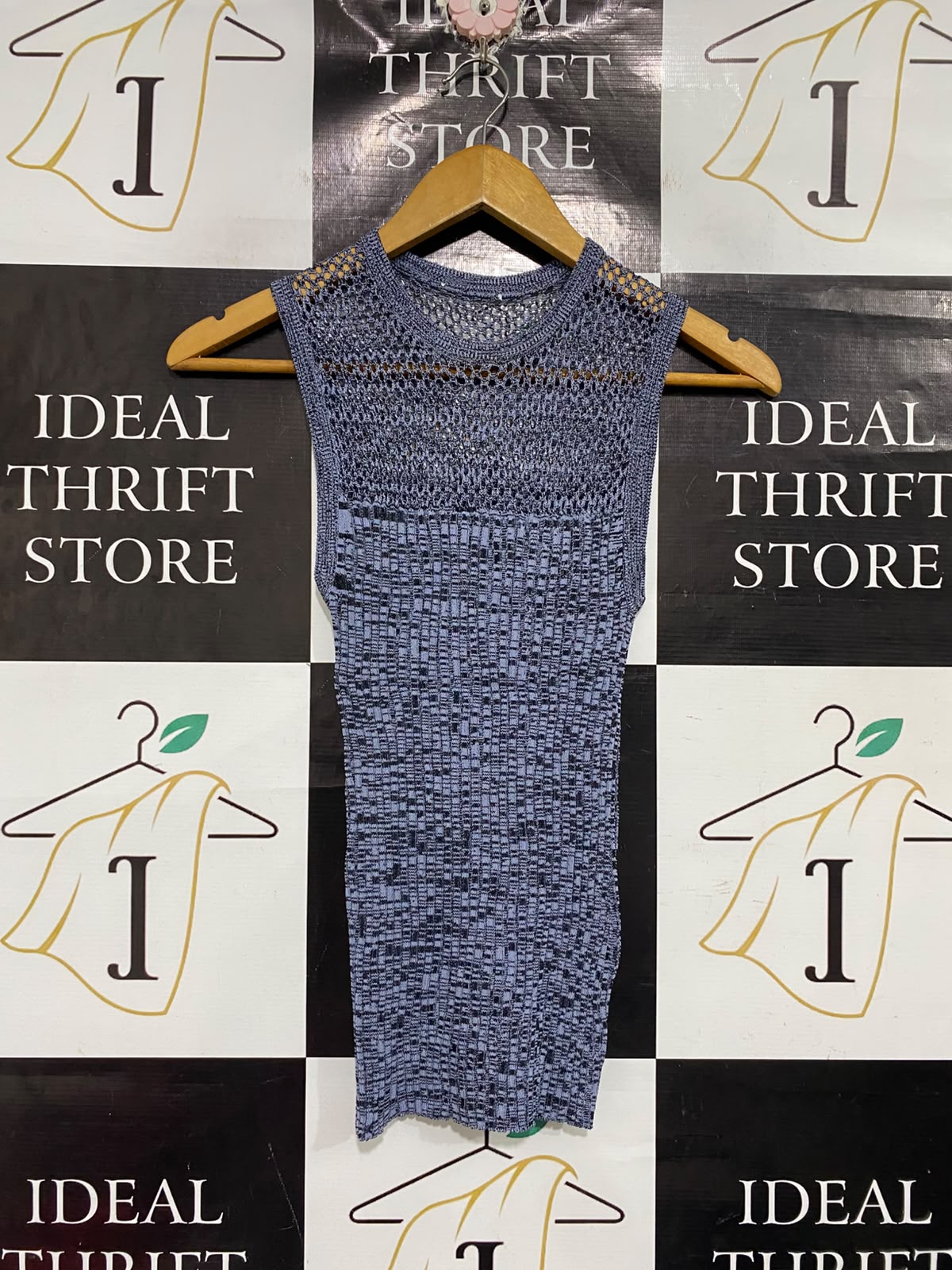 |XS | BUST 11 | A71 |  BLUE MELANGE OPEN-KNIT MESH YOKE SLEEVELESS TOP