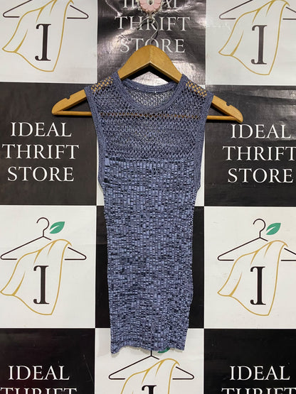 |XS | BUST 11 | A71 |  BLUE MELANGE OPEN-KNIT MESH YOKE SLEEVELESS TOP