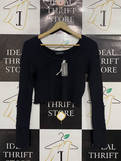 GLASSONS  |S | BUST 15 | A71 |   BLACK SCOOP-NECK LONG-SLEEVE CROP TOP