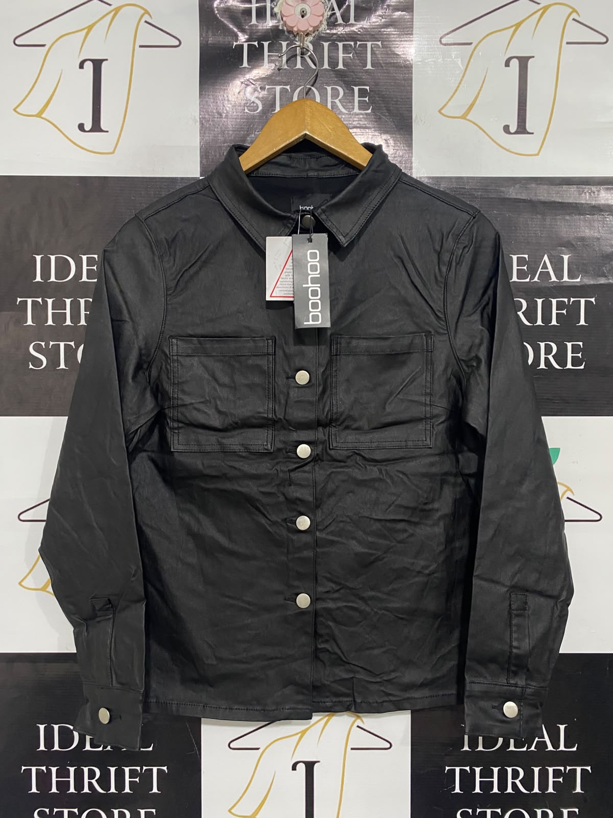 BOOHOO  |M | BUST 18 | A71 | BLACK FAUX LEATHER POCKET BUTTON-UP SHIRT JACKET