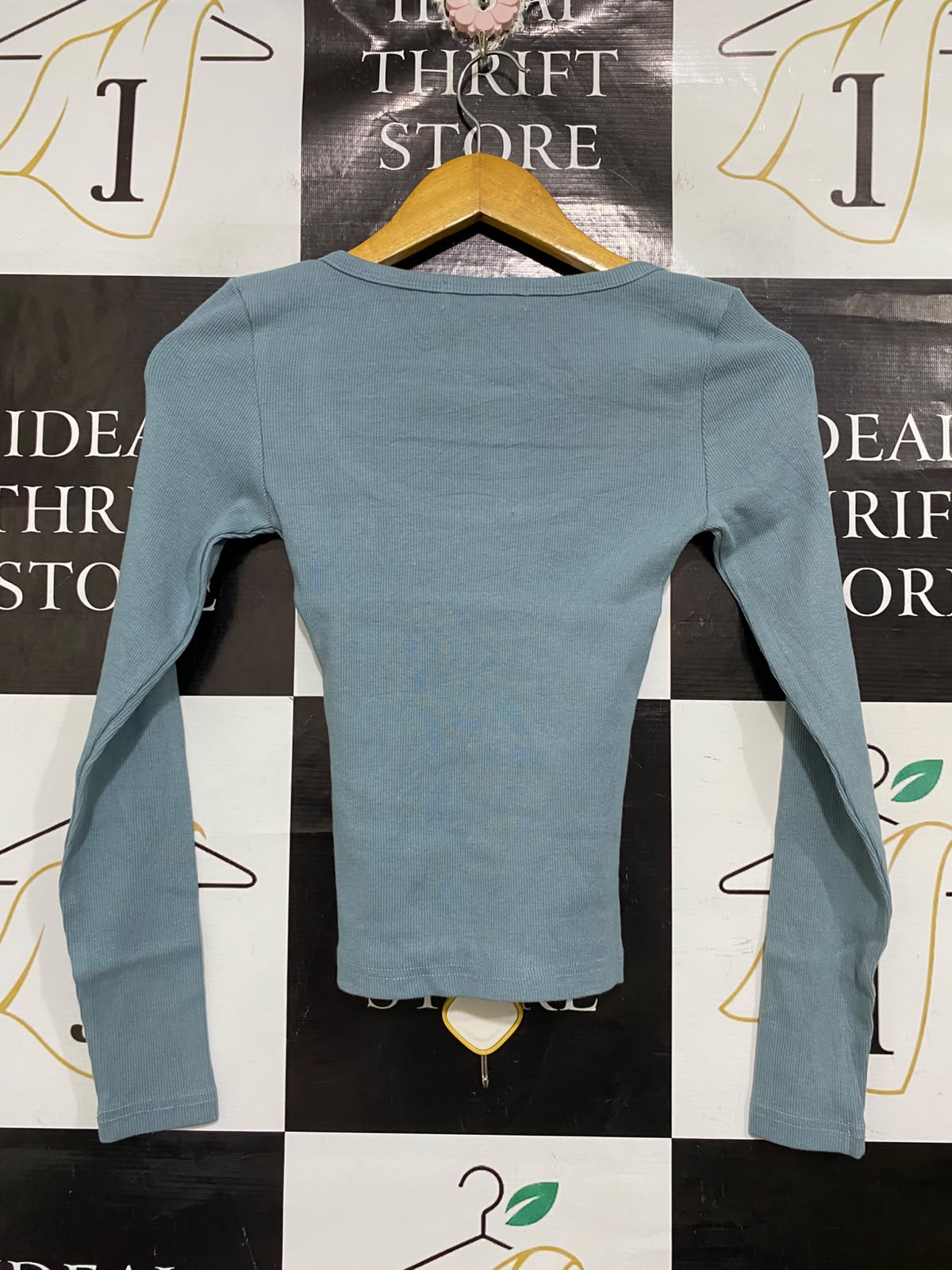 SUPRE |XS| BUST 11 | A71 | DUSTY BLUE SCOOP-NECK RIBBED LONG-SLEEVE TOP