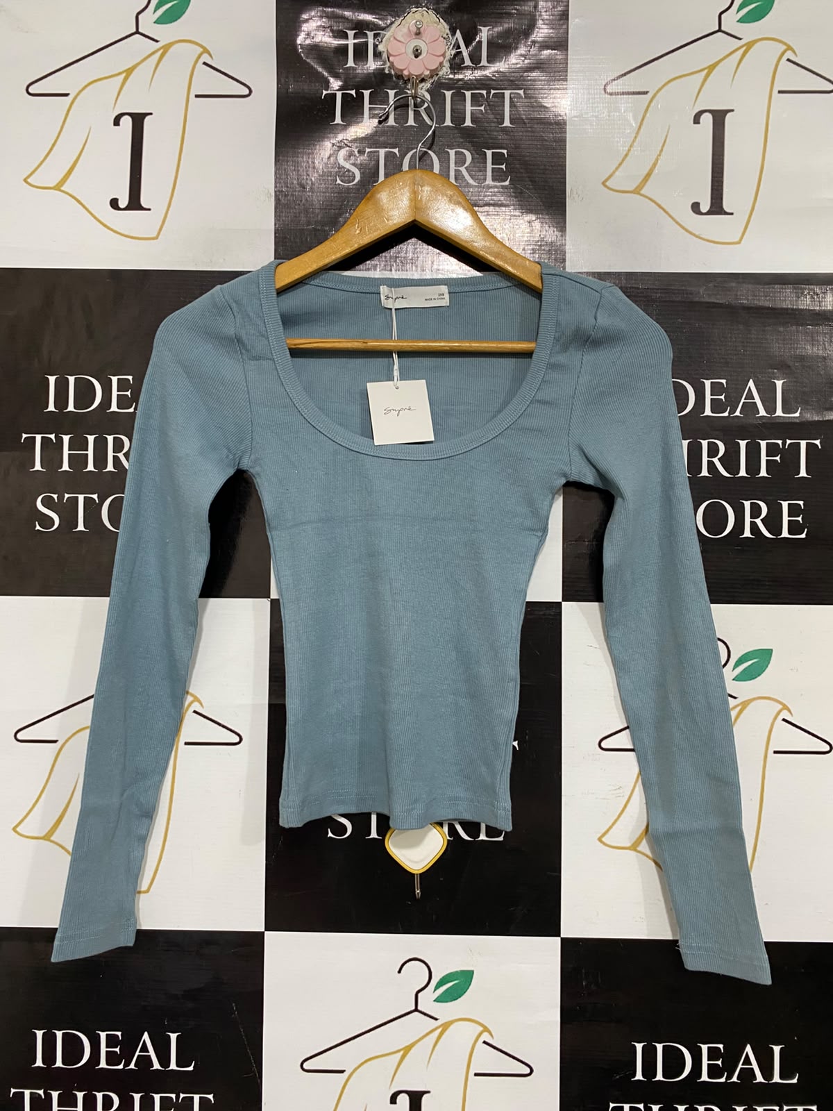 SUPRE |XS| BUST 11 | A71 | DUSTY BLUE SCOOP-NECK RIBBED LONG-SLEEVE TOP