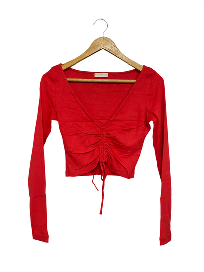 KOOKAI |S | BUST 15 | A72 |  RED RIBBED V-NECK RUCHED DRAWSTRING CROPPED KNIT TOP