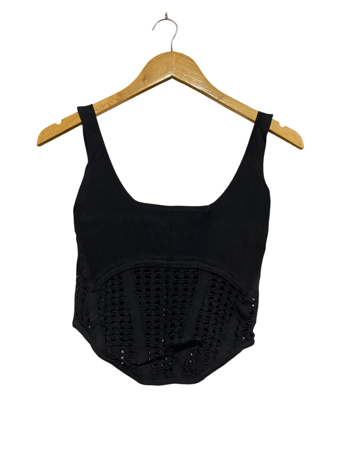 DILVIN |S | BUST 14 | A72 |  BLACK RIBBED & OPEN-KNIT CORSET-STYLE TANK TOP