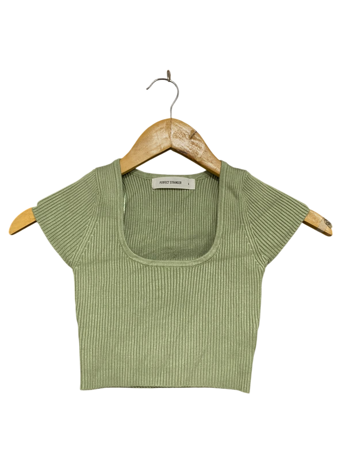PERFECT STRANGER |XS | BUST 10 | A72 |  SAGE GREEN RIBBED SQUARE-NECK CROPPED KNIT TOP