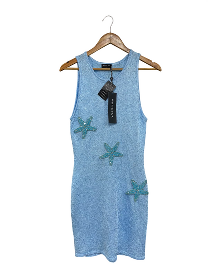 WHITE FOX |L | BUST 15 | A72 |  BLUE BEADED STARFISH KNIT MINI DRESS