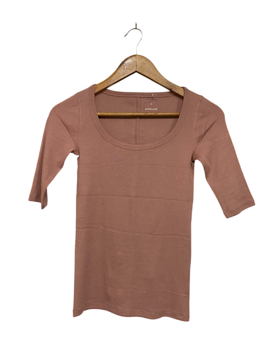 EVERLANE |XS | BUST 13 | A72 |  DUSTY ROSE SCOOP-NECK ELBOW-SLEEVE RIBBED KNIT TOP