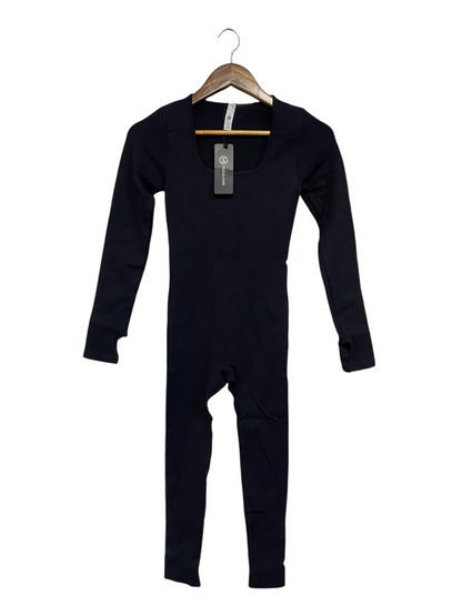 MOOSLOVER |S | BUST 12 | A72 |  BLACK RIBBED SQUARE-NECK LONG-SLEEVE ACTIVE JUMPSUIT