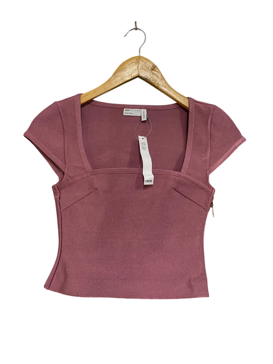 ASOS DESIGN |XS | BUST 13 | A72 |  MAUVE SQUARE-NECK SHORT-SLEEVE STRUCTURED KNIT TOP