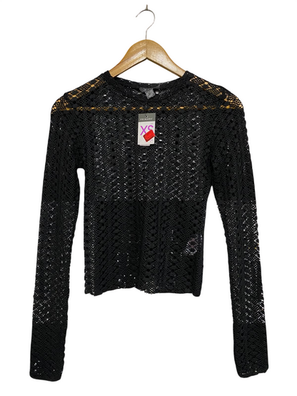 PRIMARK |XS | BUST  14| A72 |  BLACK CROCHET OPEN-KNIT SHEER LONG-SLEEVE TOP
