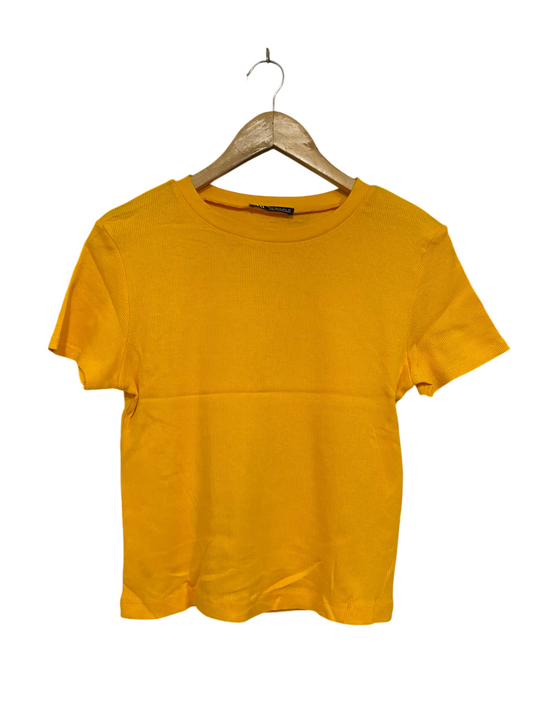 ZARA |M| BUST 17 | A72 |  YELLOW RIBBED CREW-NECK SHORT-SLEEVE KNIT TOP