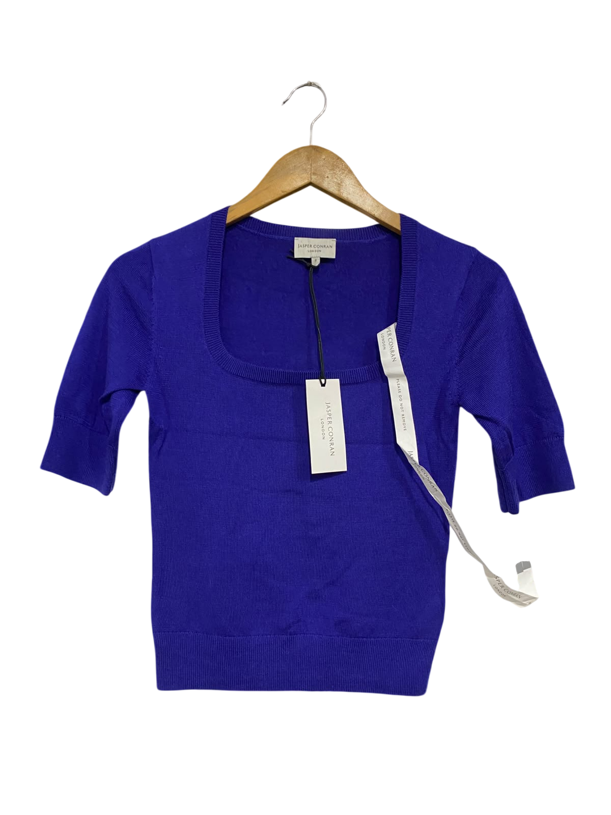 JASPER CONRAN |S | BUST 15 | A72 |  LONDON BLUE SQUARE-NECK HALF-SLEEVE RIBBED KNIT TOP