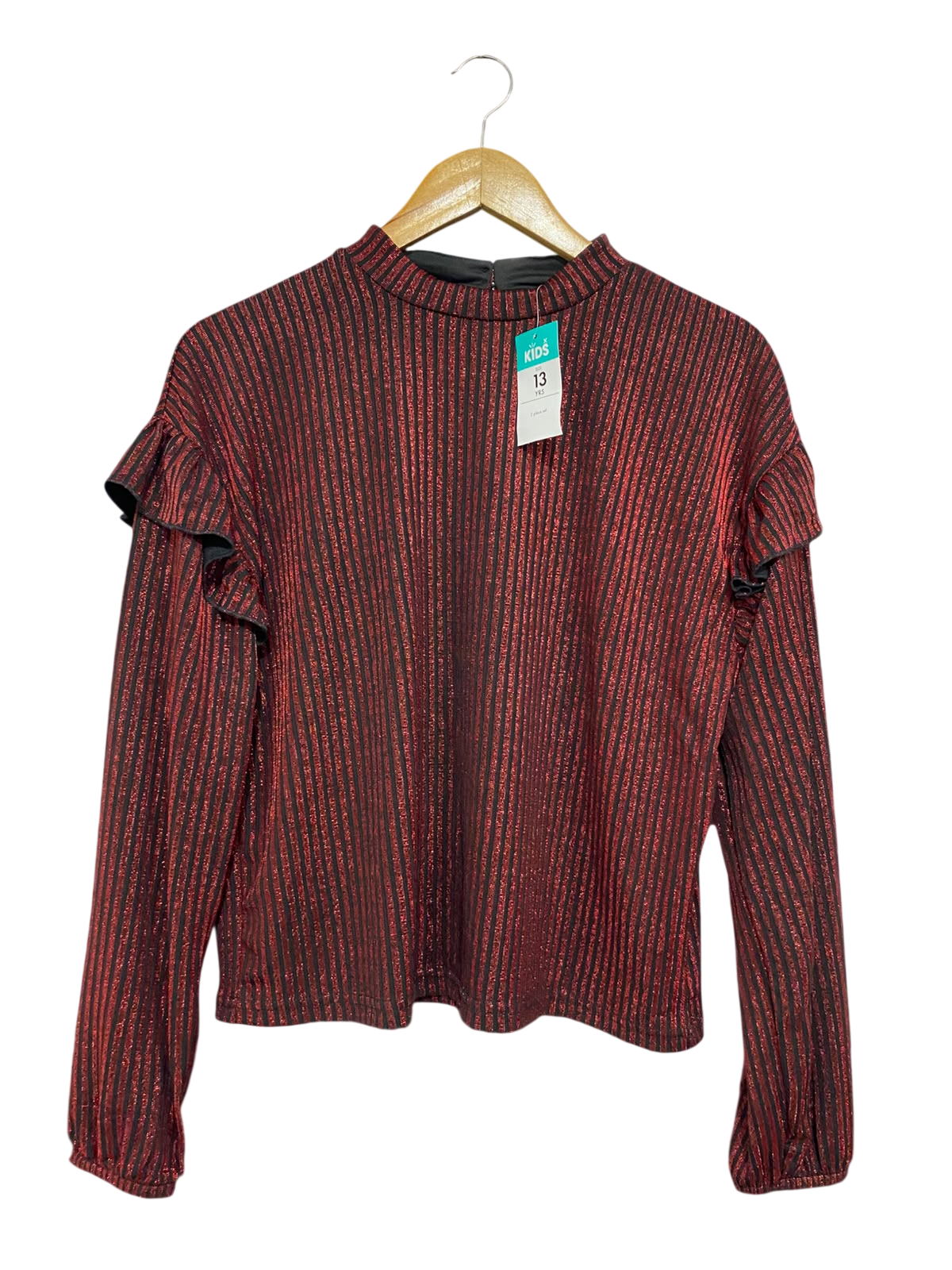 KIDS  |XS | BUST 20 | A72 | RED AND BLACK METALLIC STRIPED RUFFLE SHOULDER LONG-SLEEVE TOP