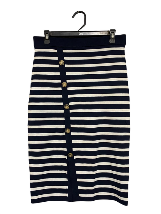 PORTMANS |M | WAIST 30  | A72 |  NAVY AND WHITE STRIPED BUTTON-DETAIL KNIT MIDI SKIRT