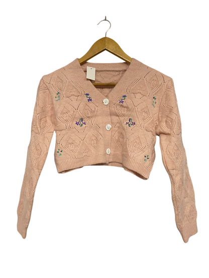 |S | BUST 18 | A72 | PEACH FLORAL EMBROIDERED CABLE-KNIT V-NECK CROPPED CARDIGAN