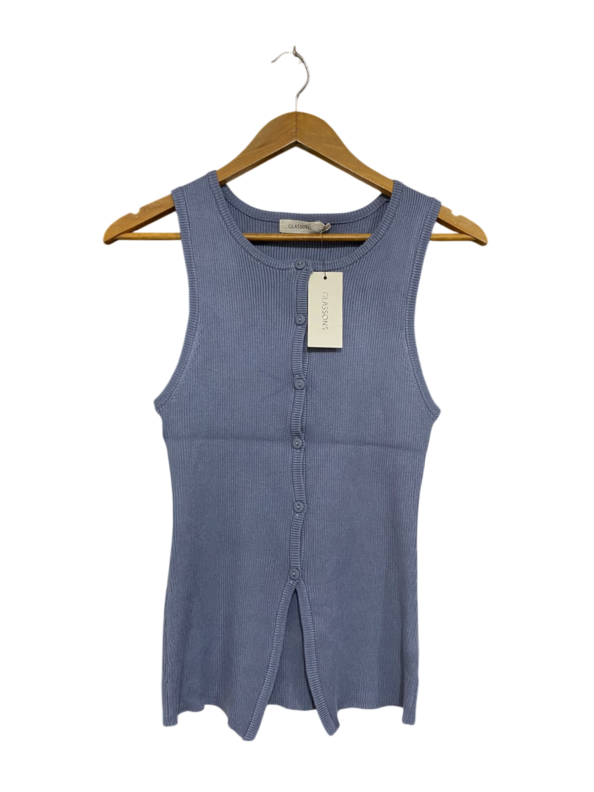 GLASSONS |L | BUST 13 | A73 |  DUSTY BLUE RIBBED BUTTON-FRONT SLEEVELESS TANK TOP