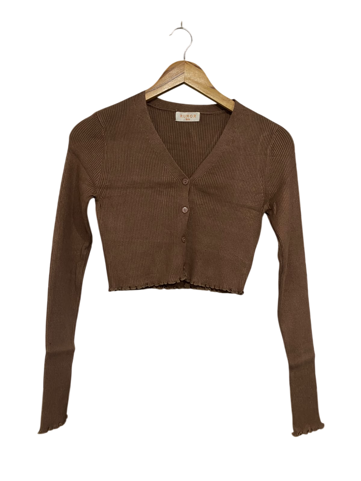 RUMOR |S/M | BUST 14 | A73 |  BROWN RIBBED BUTTON-UP CROPPED CARDIGAN TOP
