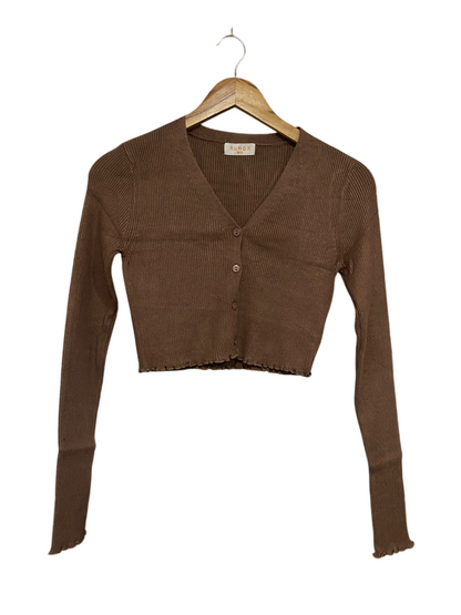 RUMOR |S/M | BUST 14 | A73 |  BROWN RIBBED BUTTON-UP CROPPED CARDIGAN TOP