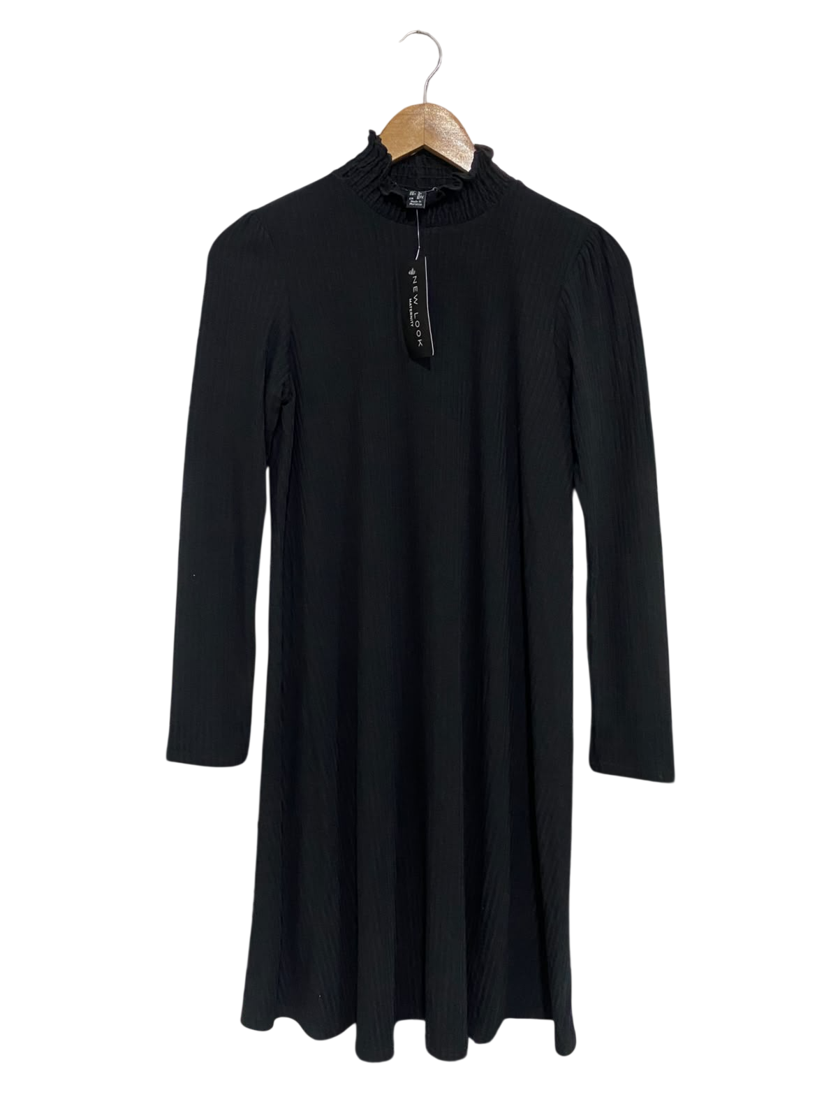 NEW LOOK |S | BUST 16 | A73 |  MATERNITY BLACK RUFFLE-NECK RIBBED LONG-SLEEVE MIDI DRESS