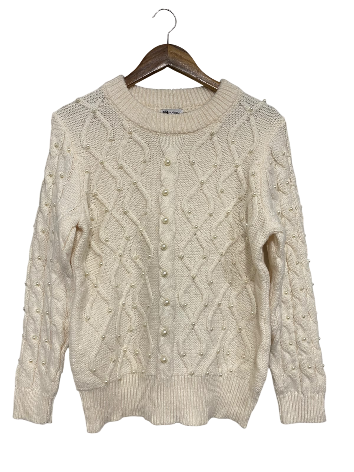 ROCKMANS |L | BUST 20 | A73 | CREAM PEARL-EMBELLISHED CABLE-KNIT CREW-NECK SWEATER
