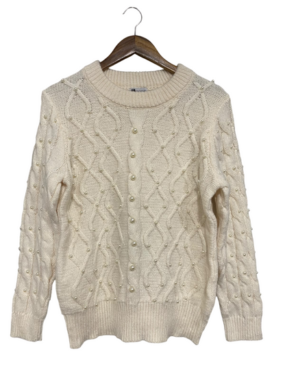ROCKMANS |L | BUST 20 | A73 | CREAM PEARL-EMBELLISHED CABLE-KNIT CREW-NECK SWEATER