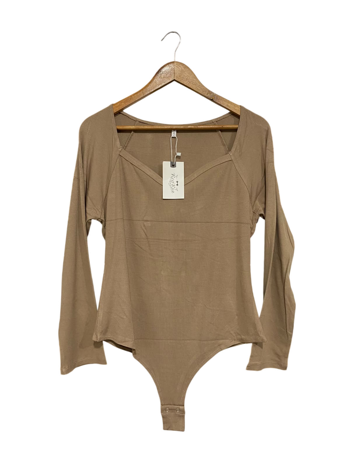 REORIA |M | BUST 18 | A73 |  BROWN RIBBED SWEETHEART NECK LONG-SLEEVE BODYSUIT