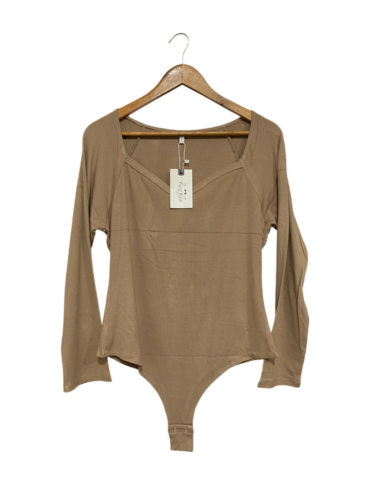REORIA |M | BUST 18 | A73 |  BROWN RIBBED SWEETHEART NECK LONG-SLEEVE BODYSUIT