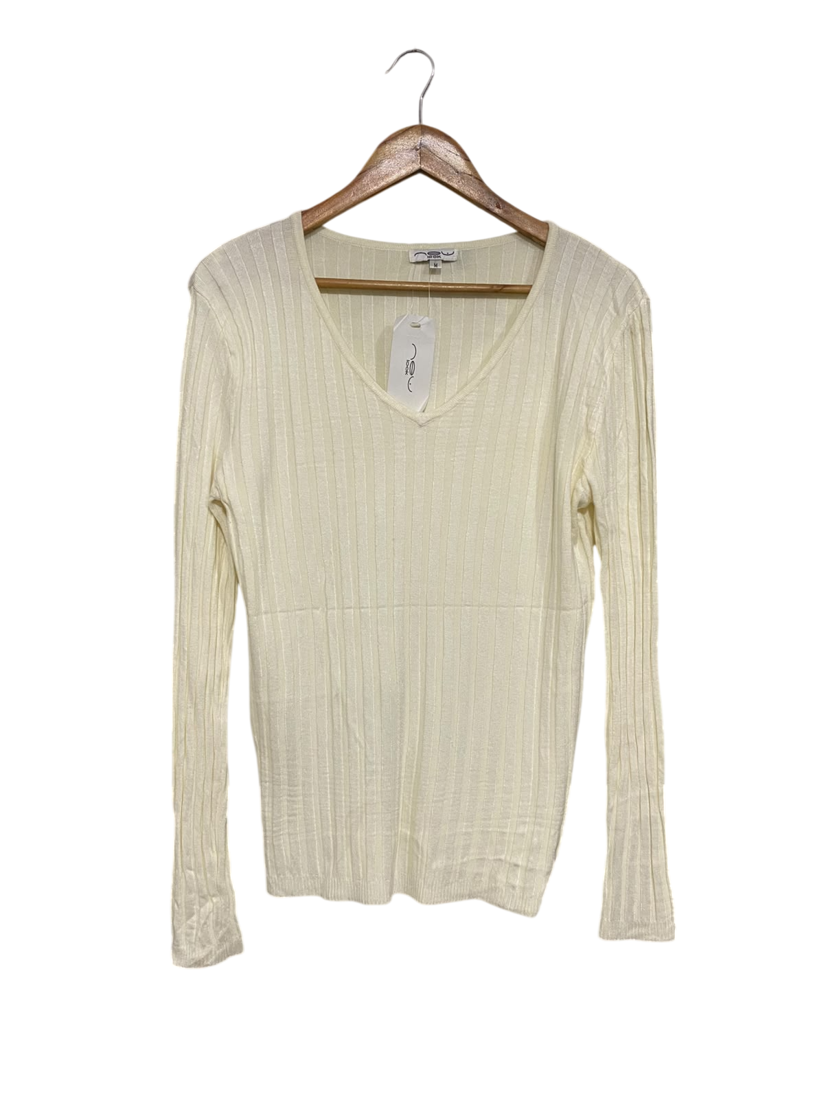 NEW LOOK |M | BUST 18 | A73 |  CREAM V-NECK RIBBED LONG-SLEEVE TOP