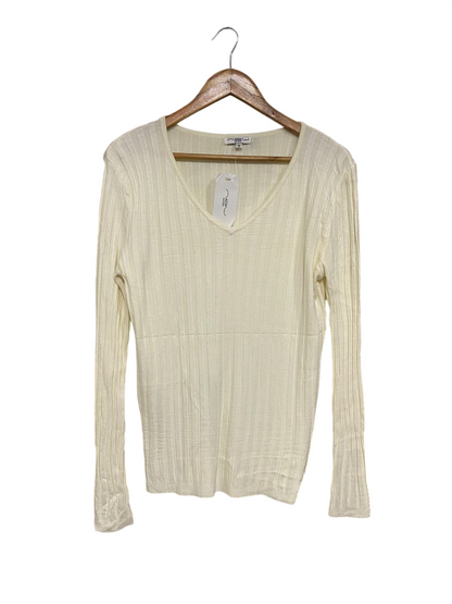 NEW LOOK |M | BUST 18 | A73 |  CREAM V-NECK RIBBED LONG-SLEEVE TOP