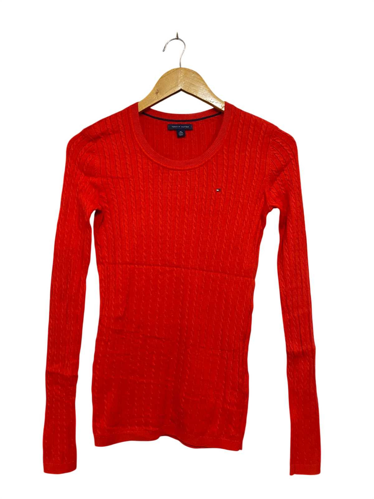 TOMMY HILFIGER |XS | BUST 15 | A73 |  RED CABLE-KNIT CREW-NECK LONG-SLEEVE SWEATER TOP