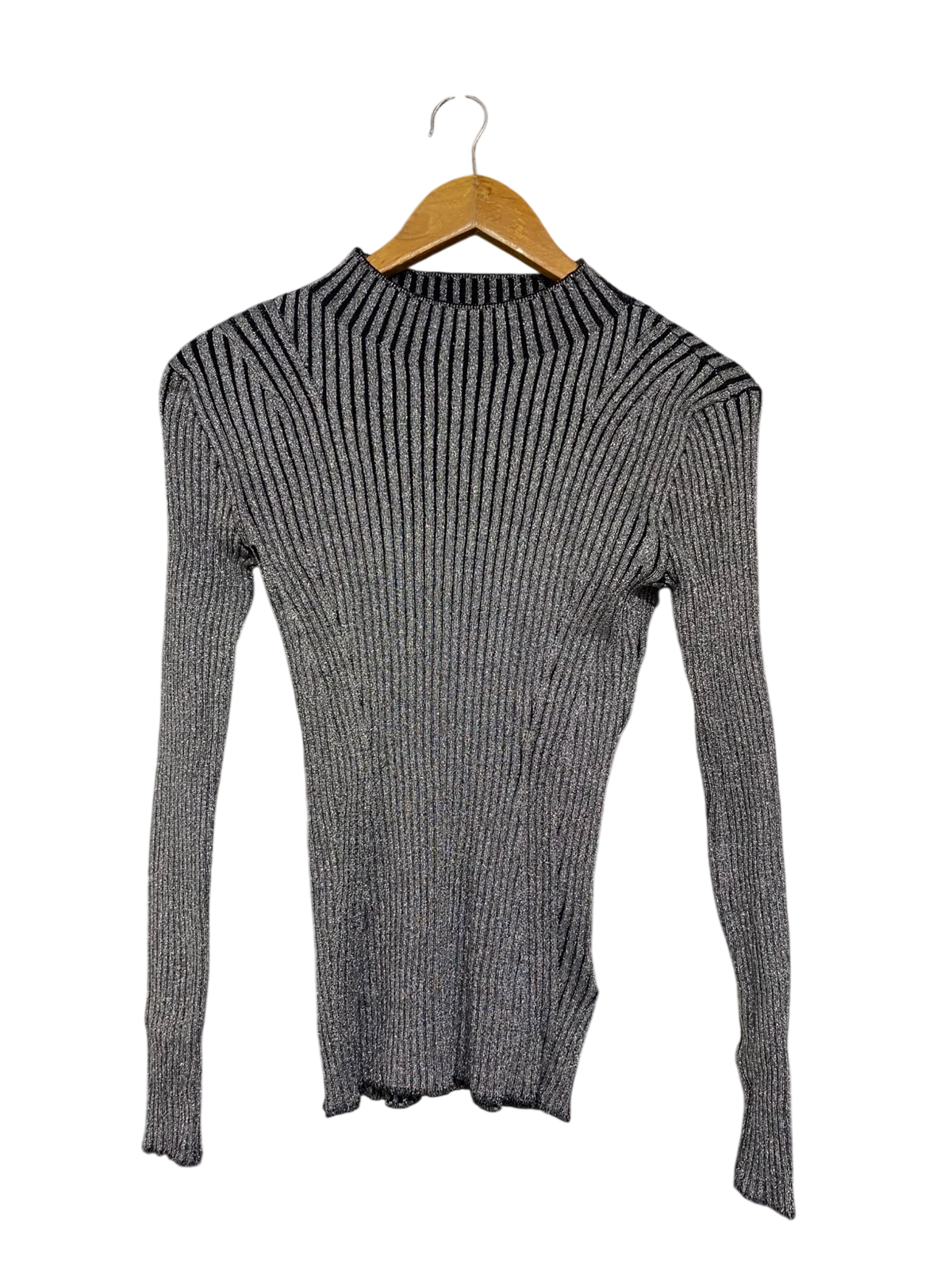 WITCHERY |XS | BUST 14 | A73 |  BLACK AND SILVER METALLIC RIBBED LONG-SLEEVE TOP