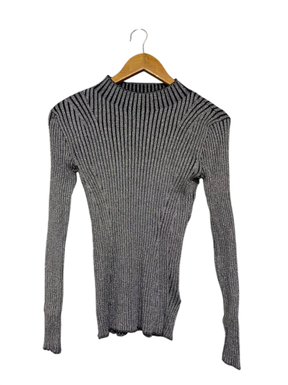 WITCHERY |XS | BUST 14 | A73 |  BLACK AND SILVER METALLIC RIBBED LONG-SLEEVE TOP